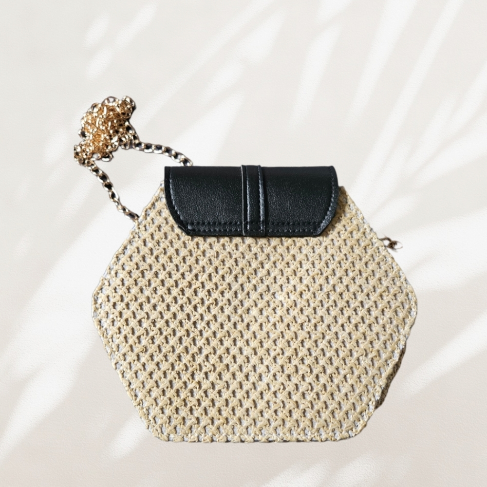 Straw/Black Faux Leather Octagon Crossbody - Picture 3 of 4